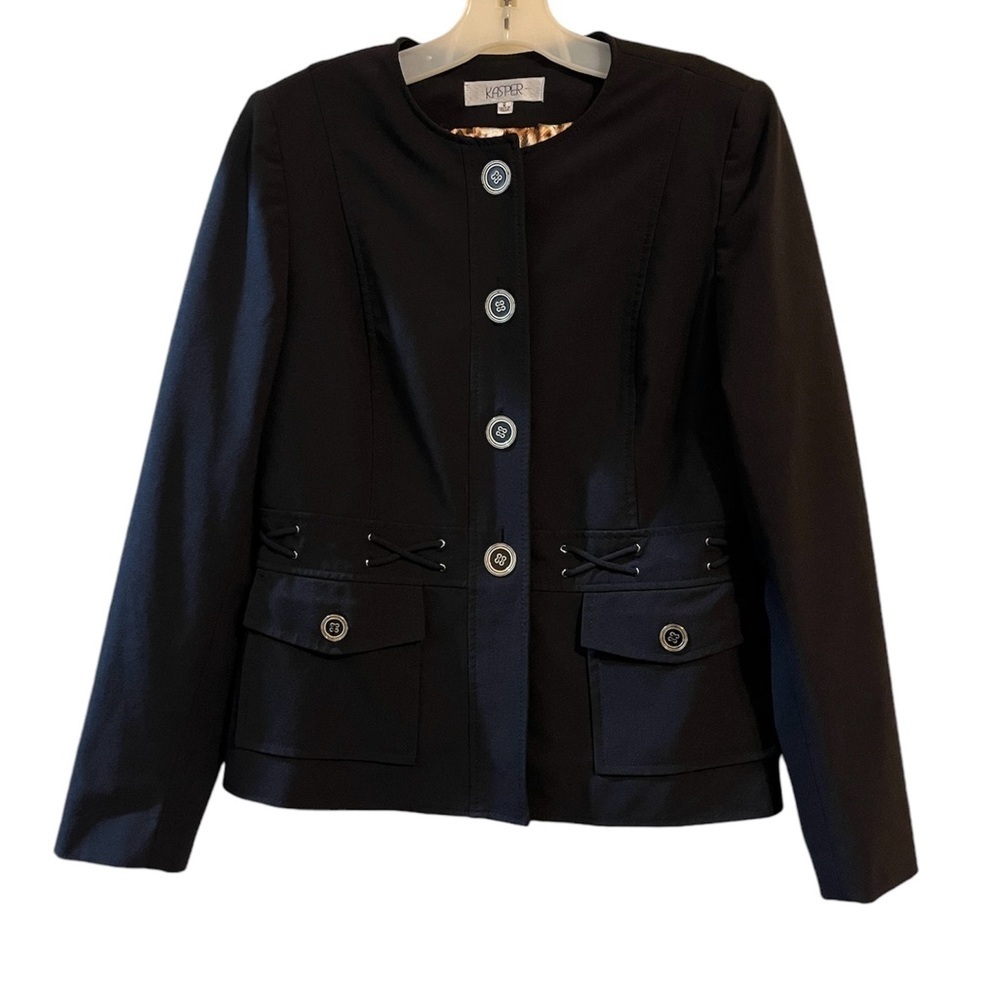 Kasper Black Button Up Jacket With Criss Cross Details Size 8 Pockets Lined